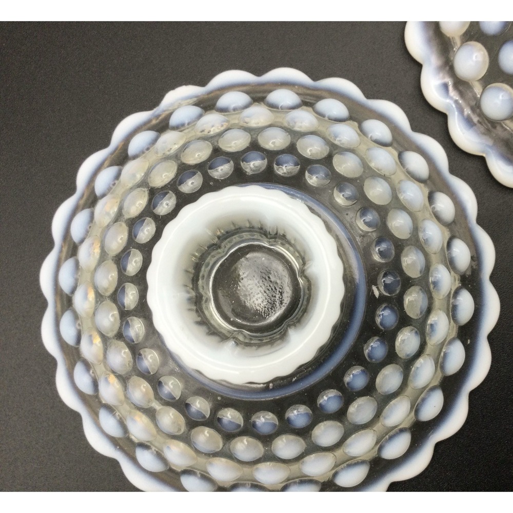Vintage Anchor Hocking Set 2 White Opalescent Hobnail Moonstone Candle Holders